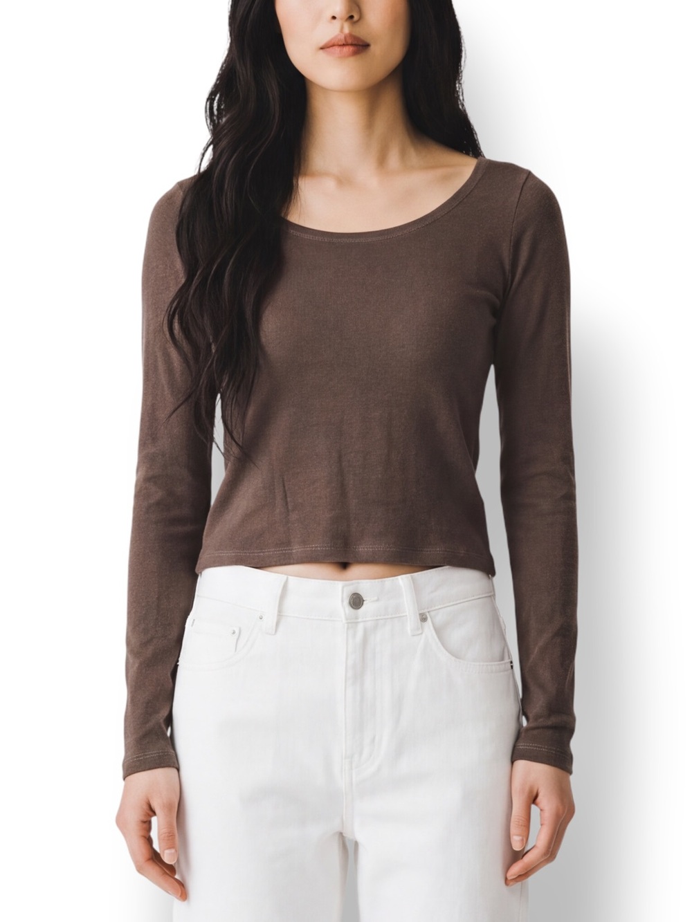 4/$20 Ian Mosh Brown Cotton Cropped Long Sleeve Scoop Neck Top Size 1 XS